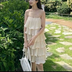 & Other Stories Cream strappy Ruffle Mini Dress